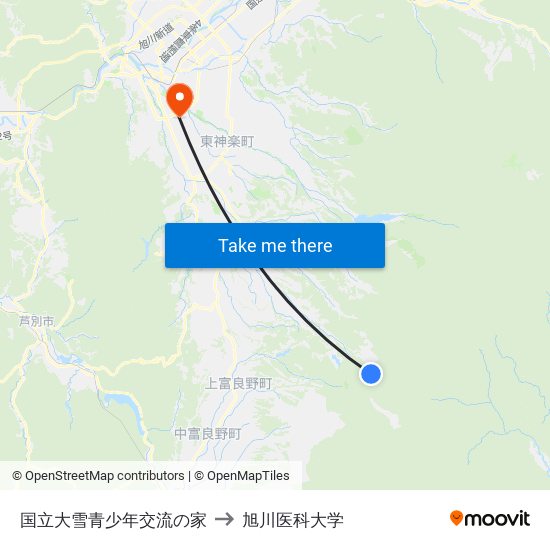 国立大雪青少年交流の家 to 旭川医科大学 map