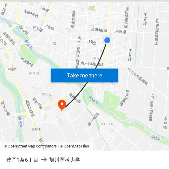 豊岡1条6丁目 to 旭川医科大学 map