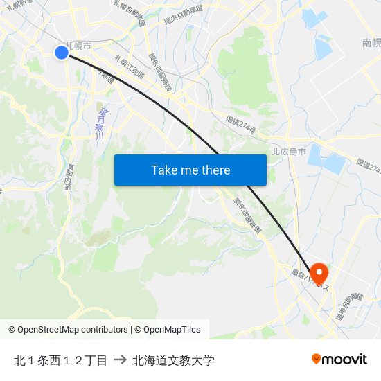 北１条西１２丁目 to 北海道文教大学 map