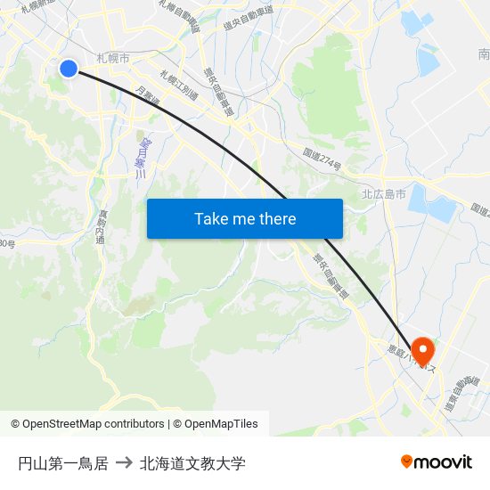 円山第一鳥居 to 北海道文教大学 map