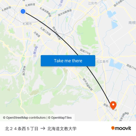 北２４条西５丁目 to 北海道文教大学 map