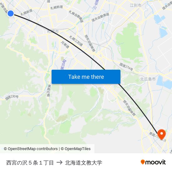 西宮の沢５条１丁目 to 北海道文教大学 map