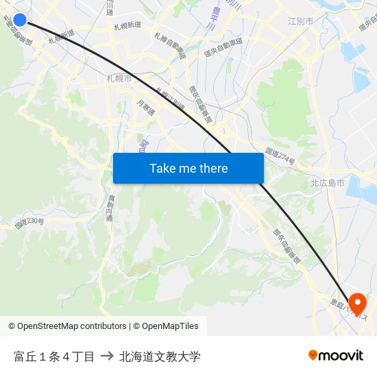 富丘１条４丁目 to 北海道文教大学 map