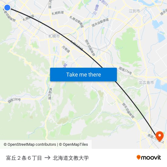 富丘２条６丁目 to 北海道文教大学 map