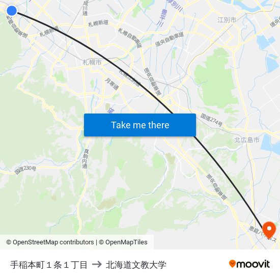 手稲本町１条１丁目 to 北海道文教大学 map