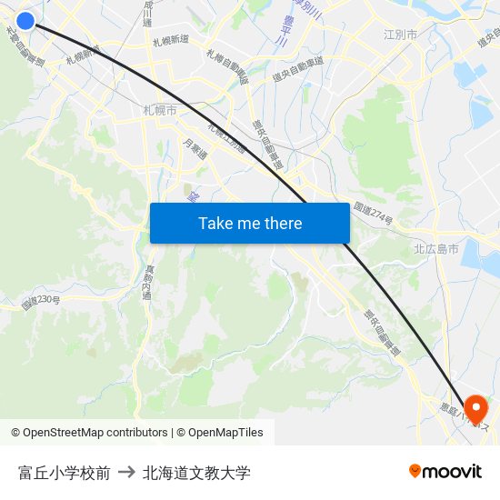 富丘小学校前 to 北海道文教大学 map