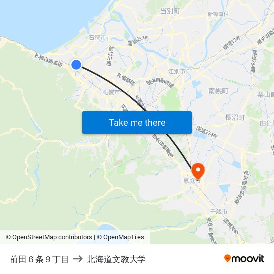 前田６条９丁目 to 北海道文教大学 map