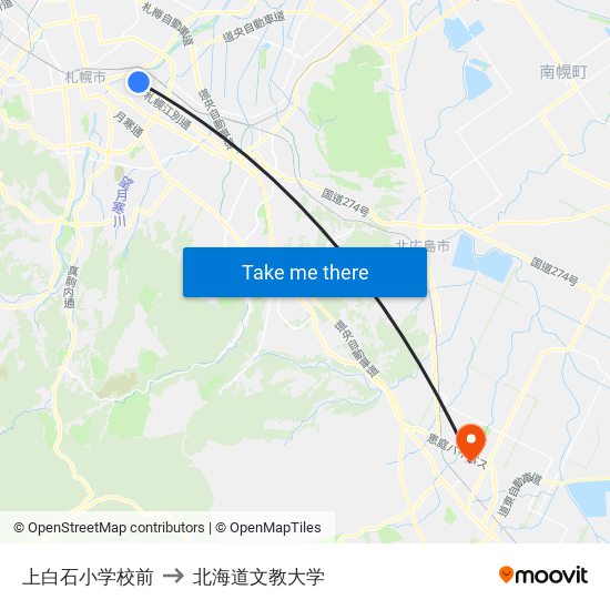 上白石小学校前 to 北海道文教大学 map