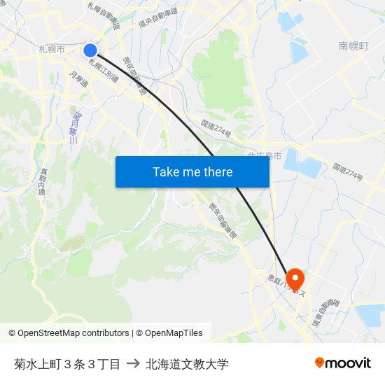 菊水上町３条３丁目 to 北海道文教大学 map