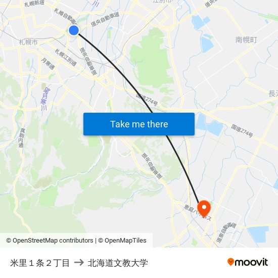 米里１条２丁目 to 北海道文教大学 map