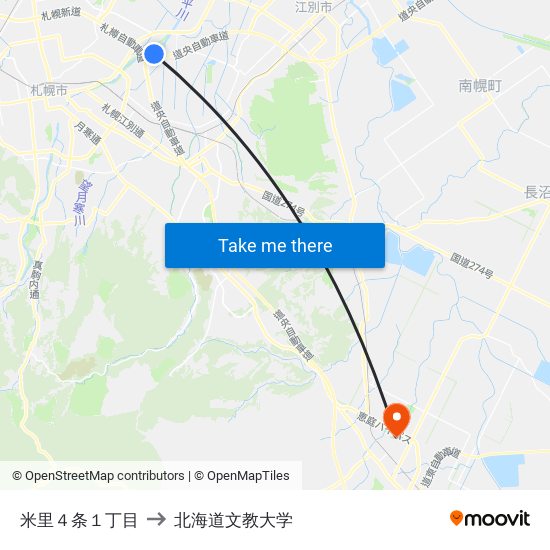 米里４条１丁目 to 北海道文教大学 map