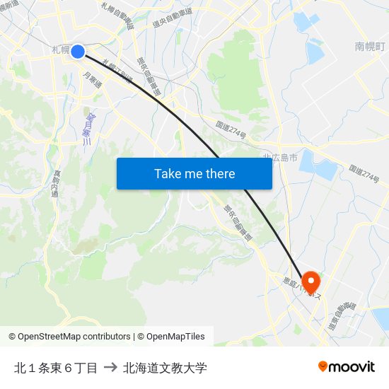 北１条東６丁目 to 北海道文教大学 map
