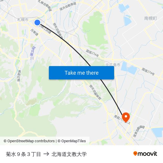 菊水９条３丁目 to 北海道文教大学 map