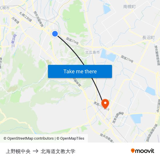 上野幌中央 to 北海道文教大学 map