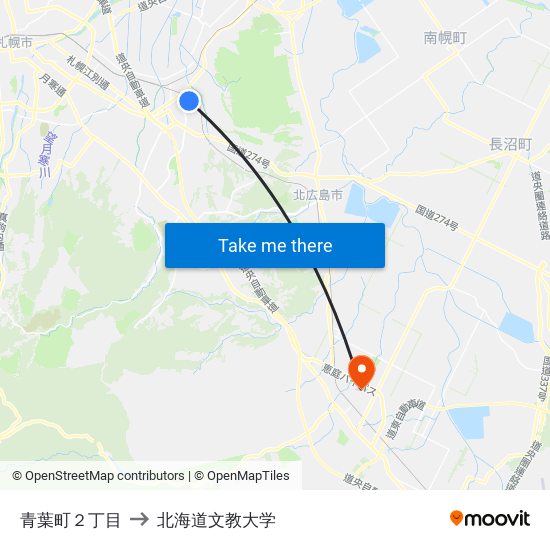 青葉町２丁目 to 北海道文教大学 map