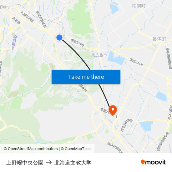 上野幌中央公園 to 北海道文教大学 map