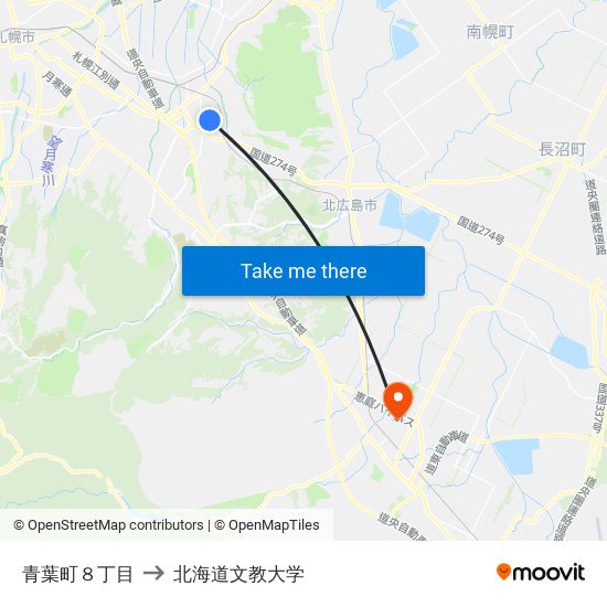青葉町８丁目 to 北海道文教大学 map