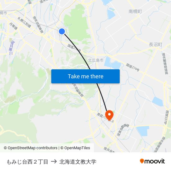 もみじ台西２丁目 to 北海道文教大学 map