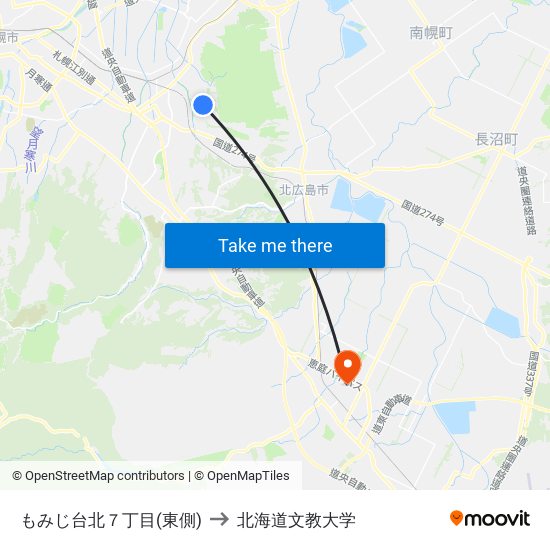 もみじ台北７丁目(東側) to 北海道文教大学 map