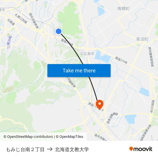 もみじ台南２丁目 to 北海道文教大学 map