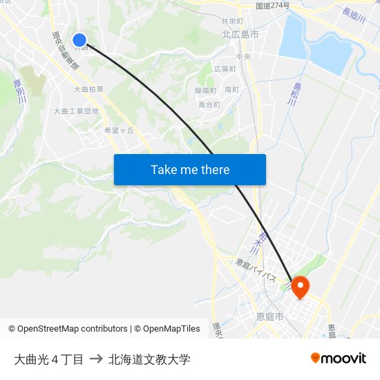 大曲光４丁目 to 北海道文教大学 map