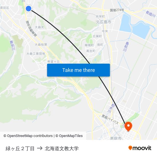 緑ヶ丘２丁目 to 北海道文教大学 map