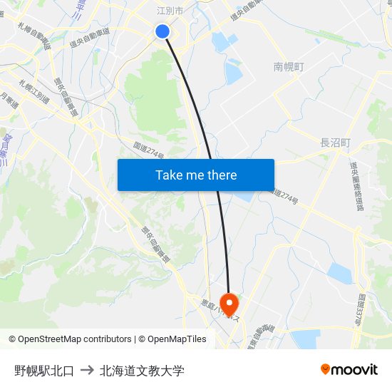 野幌駅北口 to 北海道文教大学 map