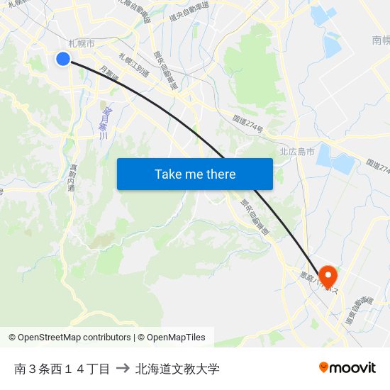 南３条西１４丁目 to 北海道文教大学 map