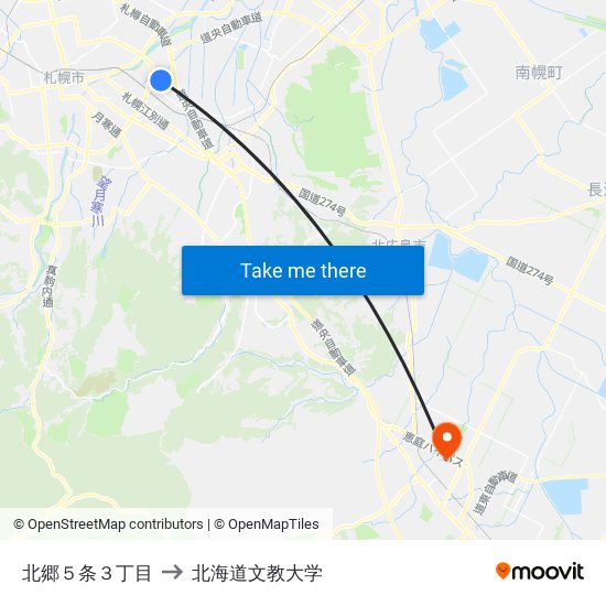 北郷５条３丁目 to 北海道文教大学 map