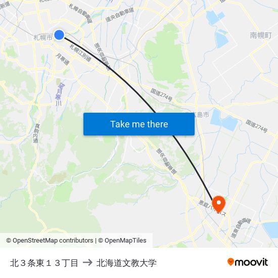 北３条東１３丁目 to 北海道文教大学 map