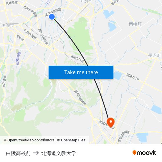 白陵高校前 to 北海道文教大学 map