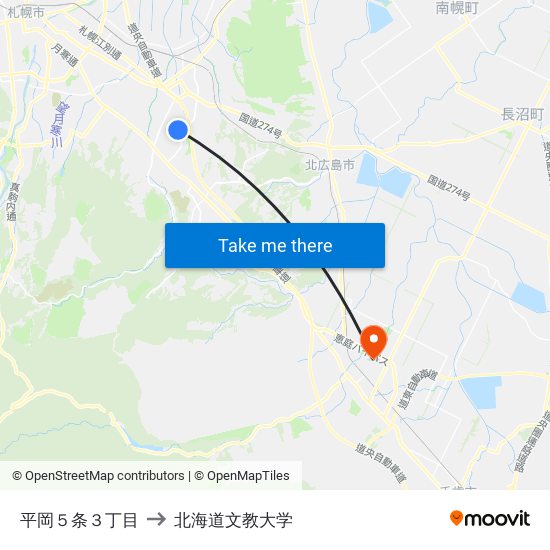 平岡５条３丁目 to 北海道文教大学 map