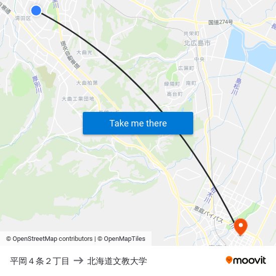 平岡４条２丁目 to 北海道文教大学 map