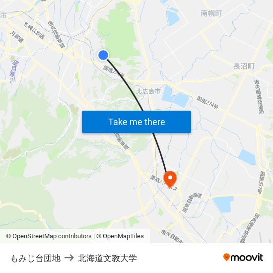 もみじ台団地 to 北海道文教大学 map