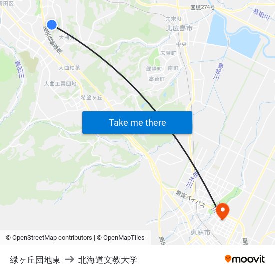 緑ヶ丘団地東 to 北海道文教大学 map
