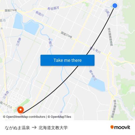 ながぬま温泉 to 北海道文教大学 map