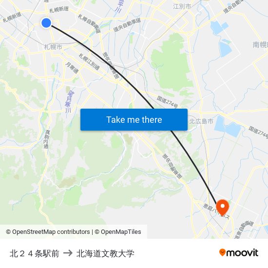 北２４条駅前 to 北海道文教大学 map