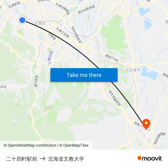 二十四軒駅前 to 北海道文教大学 map