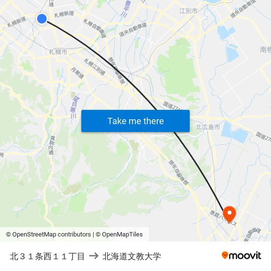 北３１条西１１丁目 to 北海道文教大学 map