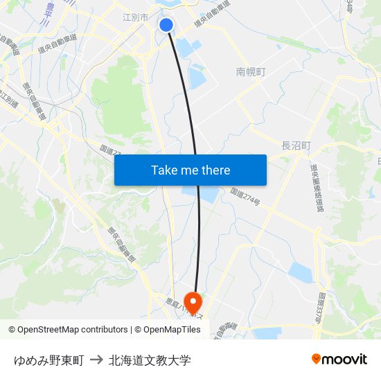 ゆめみ野東町 to 北海道文教大学 map