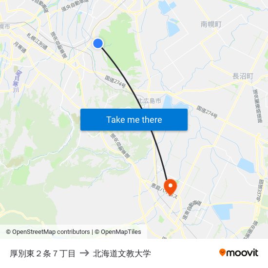 厚別東２条７丁目 to 北海道文教大学 map