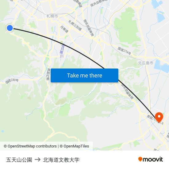 五天山公園 to 北海道文教大学 map