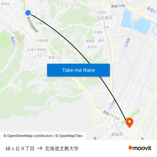 緑ヶ丘９丁目 to 北海道文教大学 map
