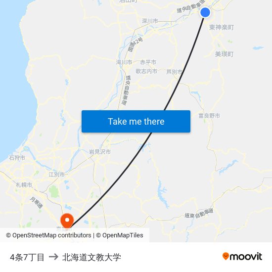 4条7丁目 to 北海道文教大学 map