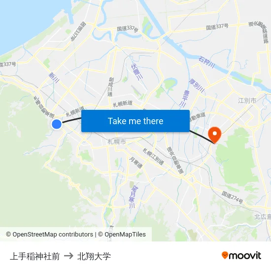 上手稲神社前 to 北翔大学 map