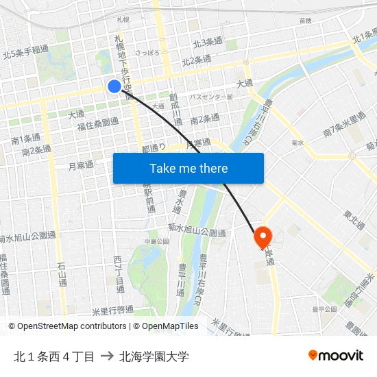 北１条西４丁目 to 北海学園大学 map
