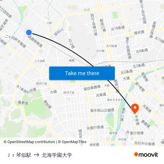 Ｊｒ琴似駅 to 北海学園大学 map