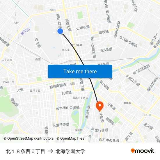 北１８条西５丁目 to 北海学園大学 map