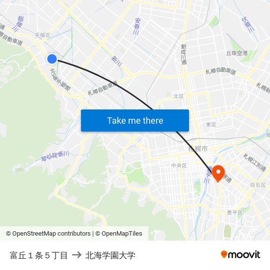 富丘１条５丁目 to 北海学園大学 map