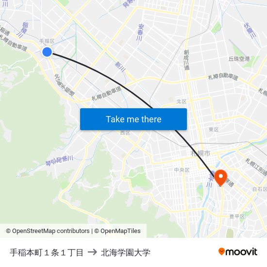 手稲本町１条１丁目 to 北海学園大学 map